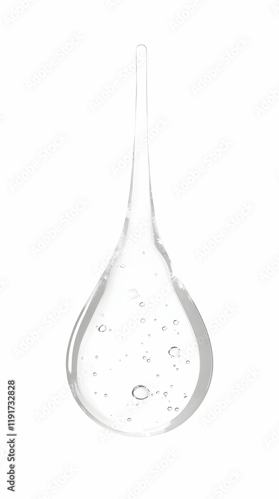 Poster clear liquid drop with bubbles forms a teardrop shape on a white background