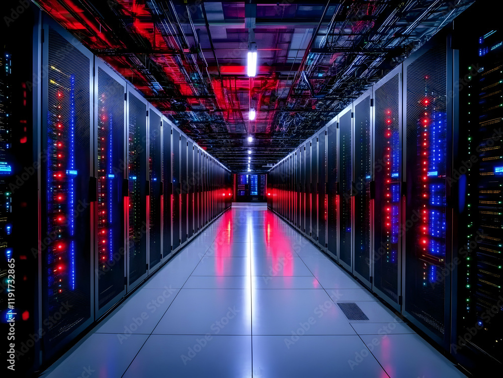 Poster server room houses network servers and data storage with led lighting in data center