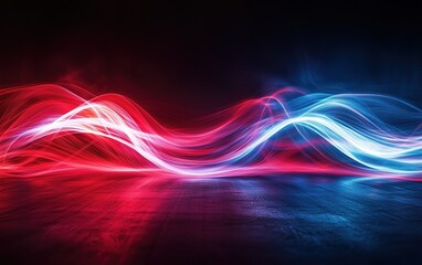 Abstract light painting with red and blue lights on a dark background, dynamic composition, long exposure, dramatic lighting