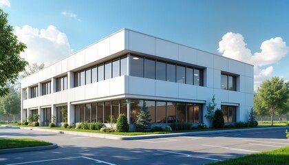 Modern white commercial building stands in urban setting. Exterior view of contemporary RD office facility. Landscaping around building complements modern architecture. Empty parking lots in front.