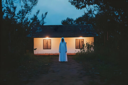 A Ghostly Figure Stands Before an Illuminated House in the Twilight, Eerie and Mysterious Scene
