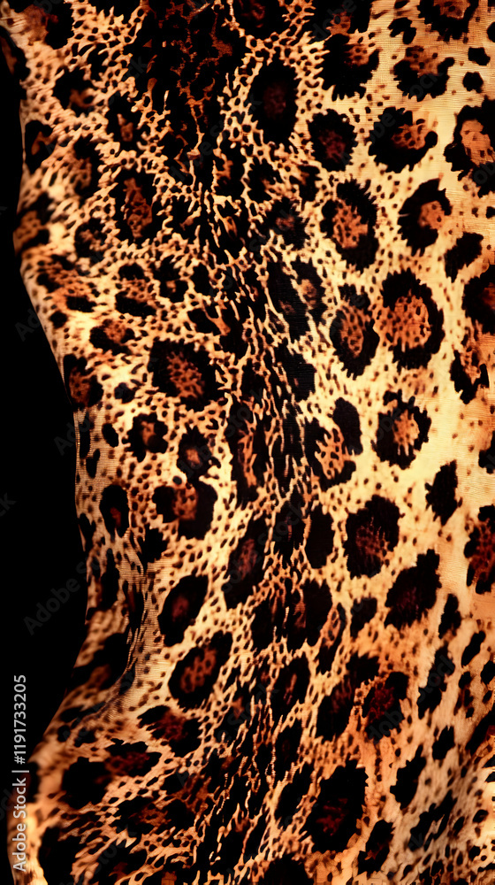 Poster leopard print fabric drapes elegantly with a rich texture and wild pattern on black background.
