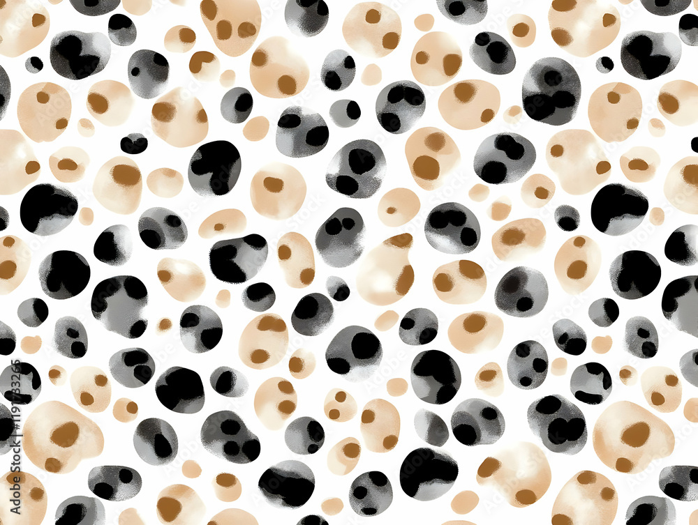 Poster abstract seamless pattern showcases irregularly shaped dots in neutral tones on white background.