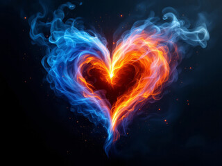 Heart-shaped flame with vibrant red, orange, and blue hues, surrounded by swirling smoke on a dark background.