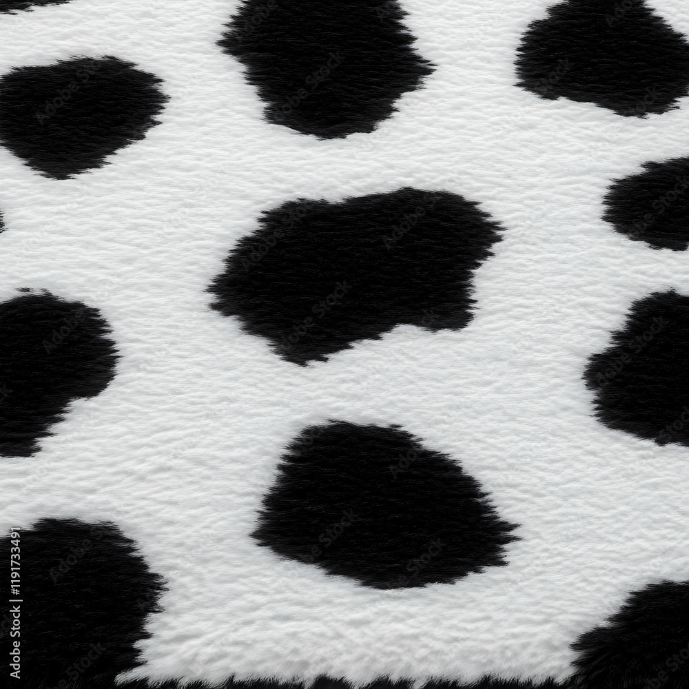 Poster close-up view of a black and white cowhide texture with soft fur, perfect for backgrounds or design 