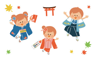 日本の七五三　日本の着物を着た子供たち　かわいいイラスト