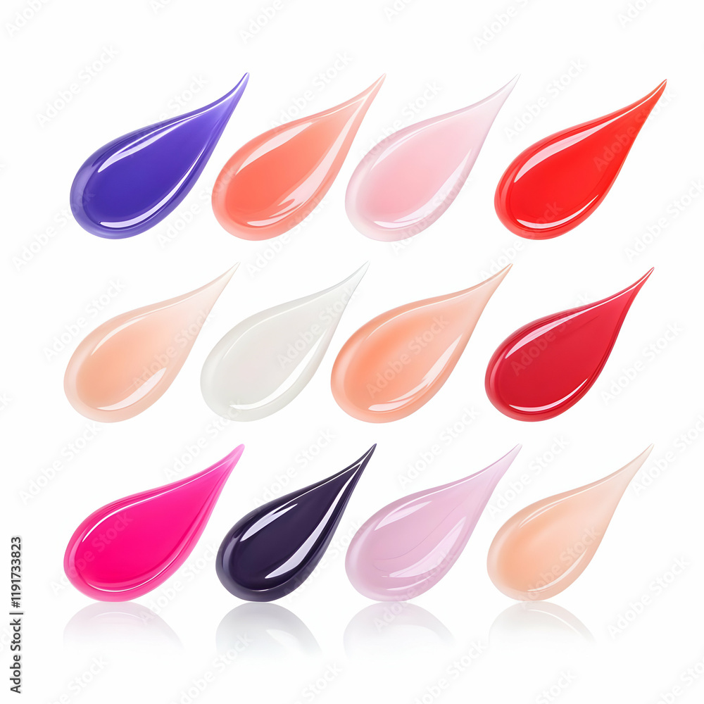 Poster twelve colorful glossy drops of liquid form a gradient pattern on a white background