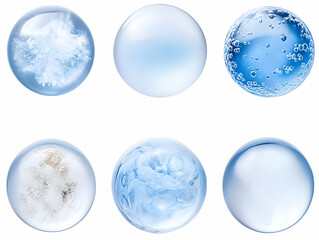 Six Blue Spheres Showcase Different Textures and Translucencies on White Background.