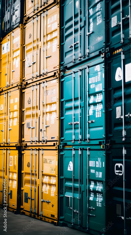 Poster stacked shipping containers form a colorful pattern at a logistics hub, ready for transport