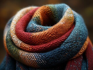 A close-up of a soft, intricately woven scarf with a mesmerizing swirl of colors, including deep reds, oranges, blues, and hints of yellow.
