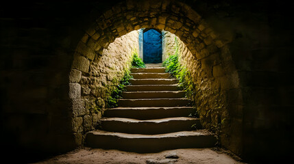 Naklejka premium Stone Staircase Ascends Towards Light in Ancient Archway Tunnel Deep Within Earth's Embrace