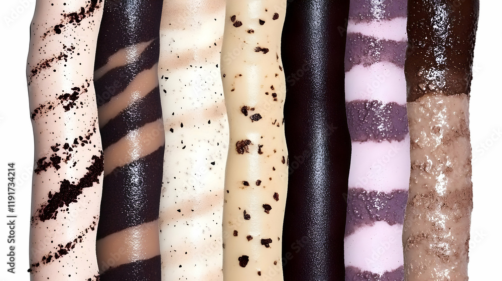 Poster close-up of various flavored ice cream bars displayed vertically, demonstrating different textures a