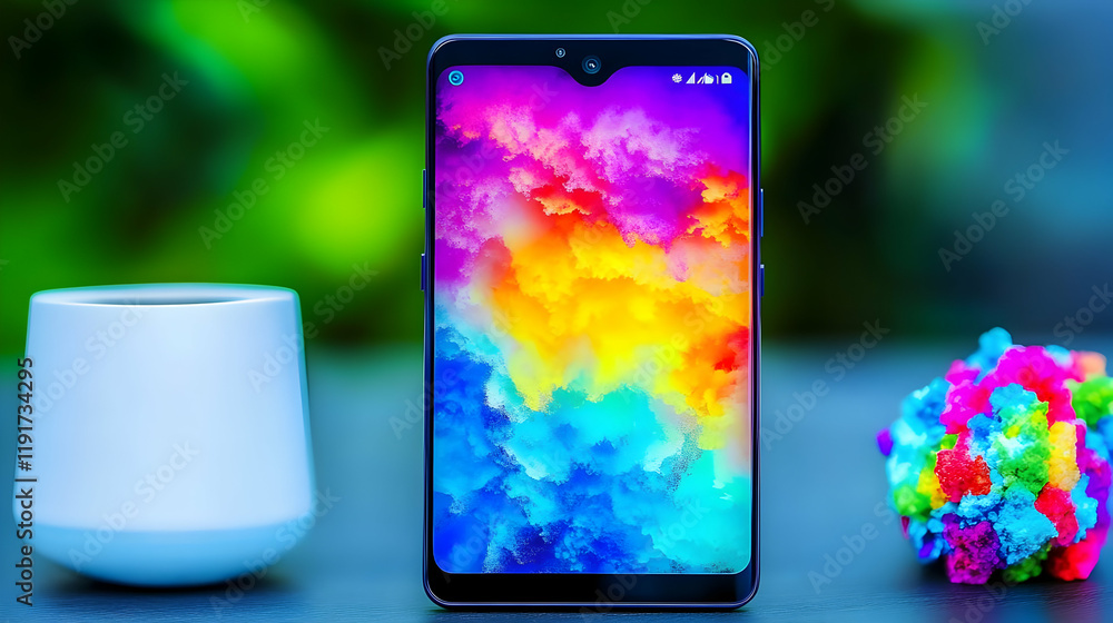 Poster smartphone displays vibrant colorful abstract background with a cup and colorful object.