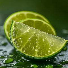 Close-up of Fresh Lime Slices Rests on Wet Surface Beautifully in Macro Photography.