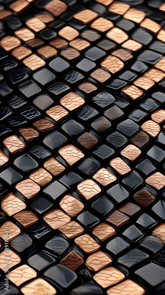Poster intricate 3d texture displays a pattern of copper and black glossy tiles meticulously arranged, crea