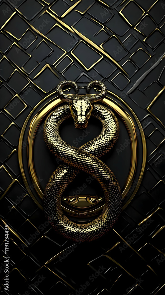 Poster golden snake forms infinity symbol on a textured black background in 3d render