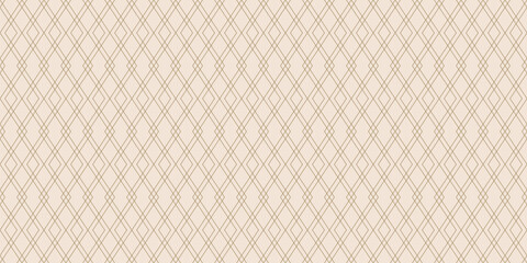 Abstract linear geometric seamless pattern. Gold and beige minimal vector background. Simple golden outline ornament with rhombuses, diamonds, thin lines, grid. Subtle luxury texture. Repeated design