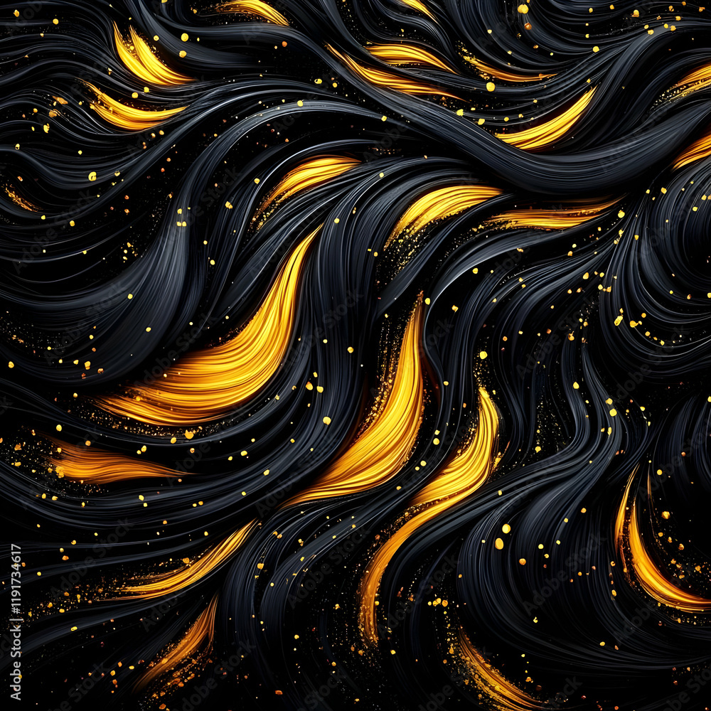 Poster abstract 3d render of golden waves flowing through black space with particles