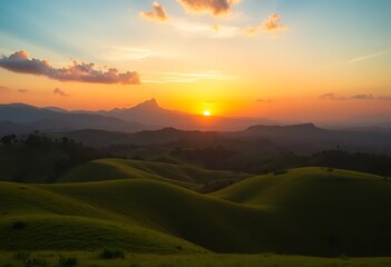 Obraz premium Golden Sunset Over Rolling Green Hills Mountain Landscape