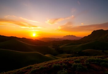 Obraz premium Golden Sunset Rolling Hills Landscape Dramatic Sky View