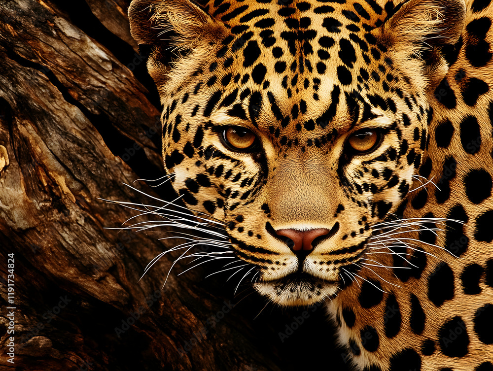 Poster intense leopard gazes from shadows by a textured bark with captivating intensity in wildlife portrai