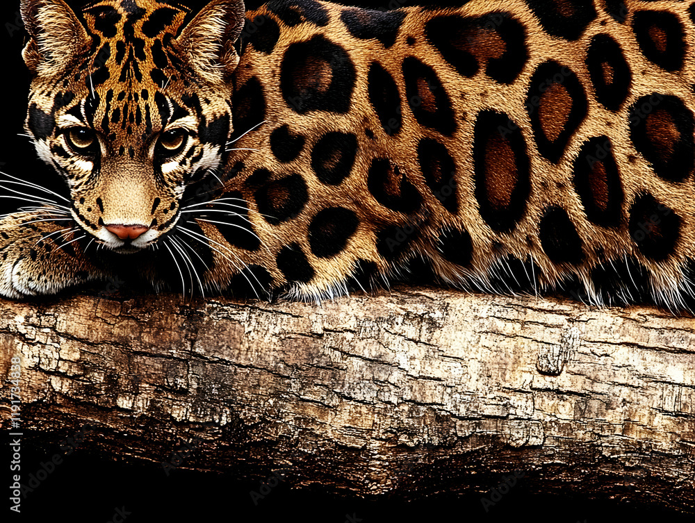 Poster ocelot rests alertly on a rough-barked tree branch in a dark forest setting