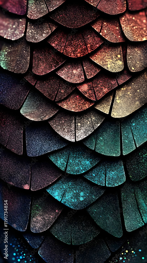 Poster iridescent scales shimmer with multicolored glitter, creating a magical textured background