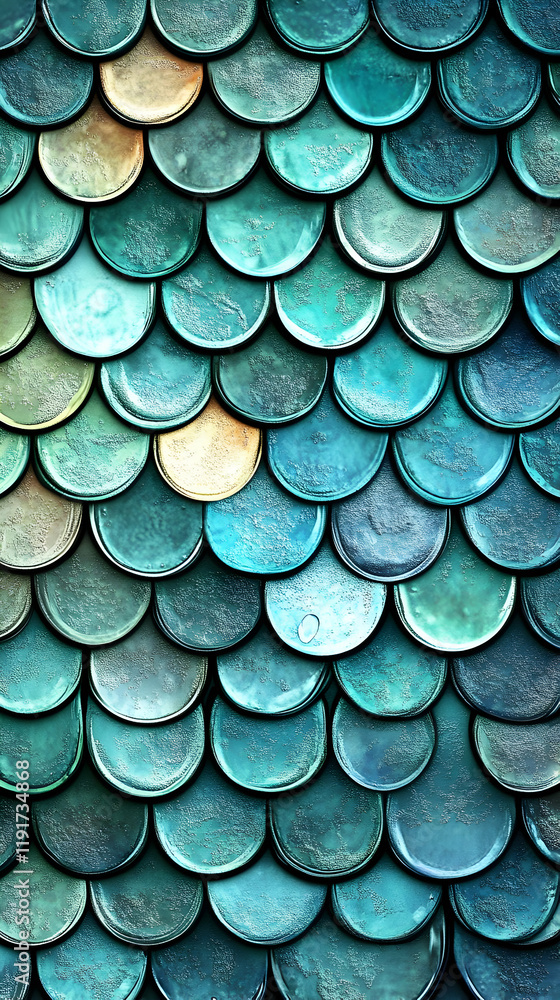 Poster turquoise and gold scales pattern creates a textured and shimmering visual effect, forming an abstra