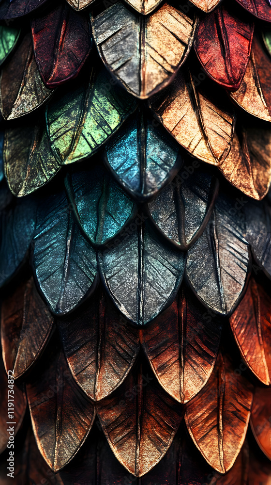Poster intricate metallic scales form a textured surface with overlapping layers in close-up detail
