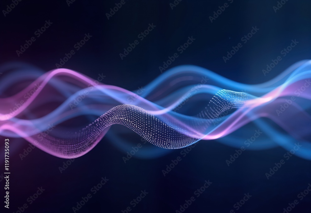 Poster abstract wavy lines with glowing dots create dynamic flow effect. purple, blue light gradients blend