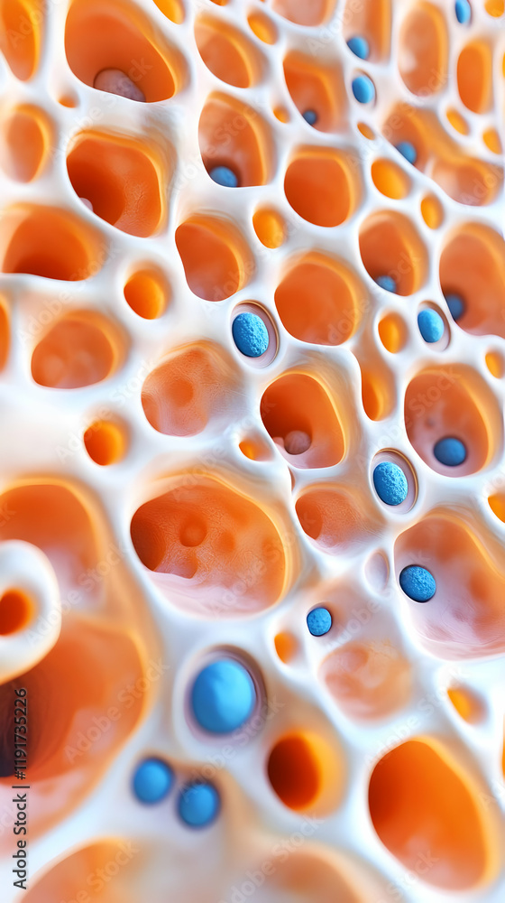 Poster microscopic view of porous structure with embedded blue spheres: a 3d render