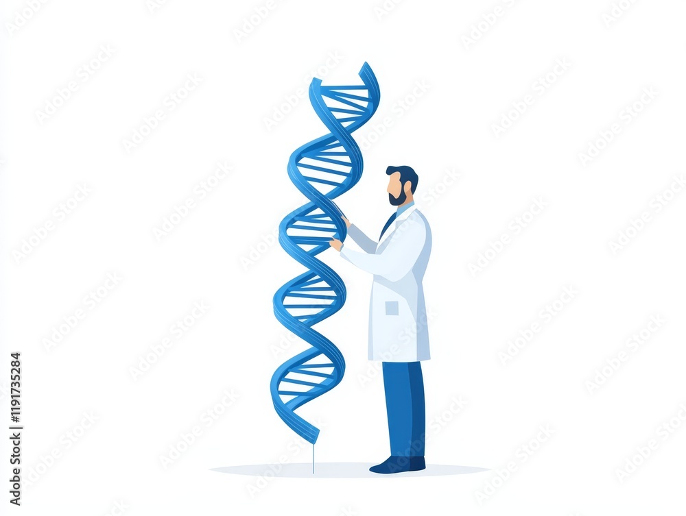 Aufkleber scientist in lab coat holds a 3d model of dna double helix, exploring the building blocks of life.