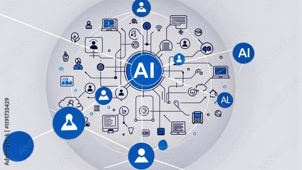 Poster ai network sphere: a conceptual illustration depicts a network of interconnected individuals and dev