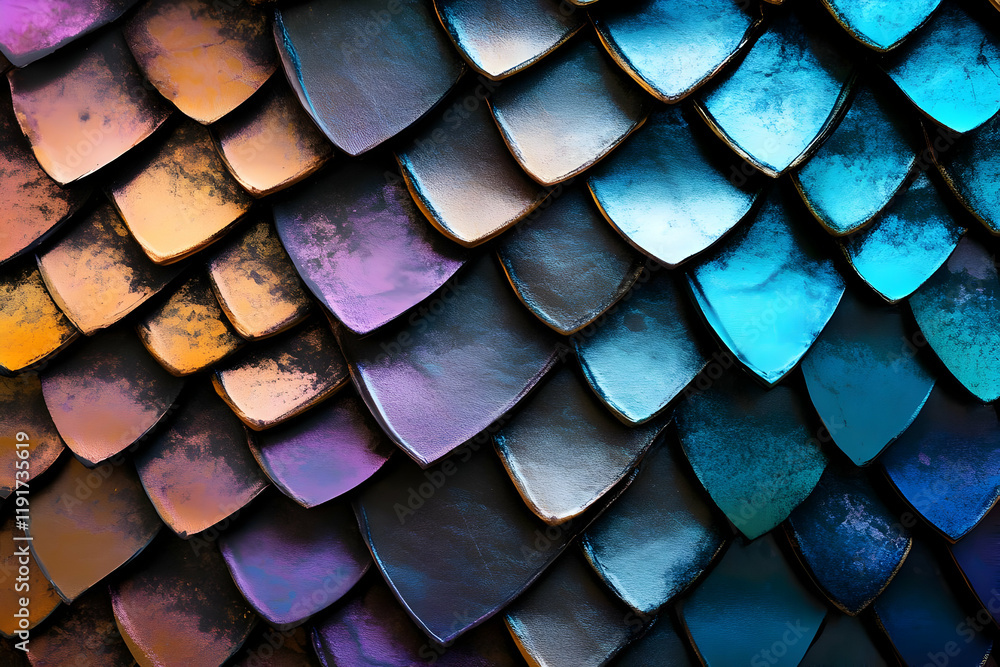 Poster colorful metallic scales form an intricate and textured pattern