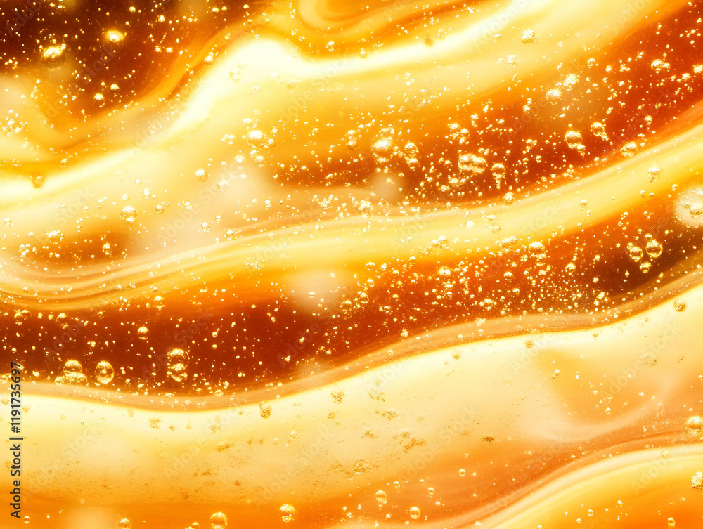Poster golden liquid flows with bubbles creates a visually stunning abstract background for design projects