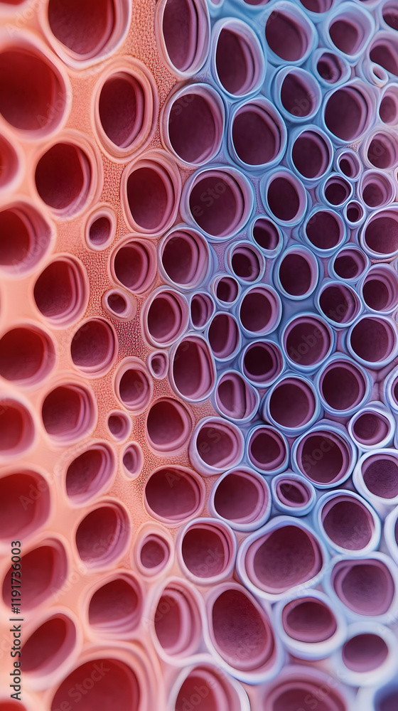Poster abstract 3d render of a porous surface with circular openings and a gradient of pink and purple.