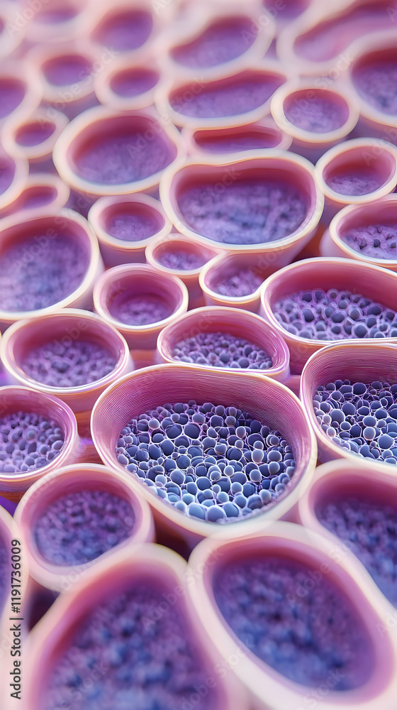 Poster abstract 3d render of pink and purple cellular structures with granular textures creates a microscop