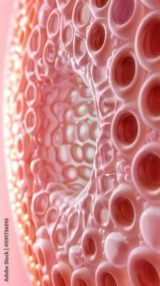 Poster pink 3d printed structure shows intricate holes and cellular design with soft lighting