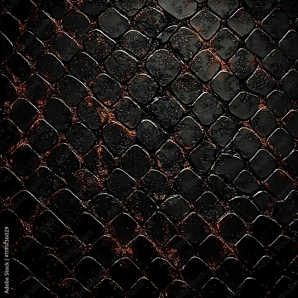 Poster dark textured surface with scale-like pattern and hints of metallic copper accents