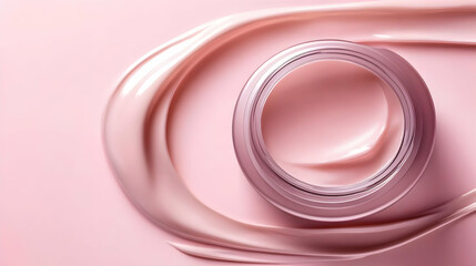 Pink Cosmetic Cream Swirls Around an Open Jar on a Pink Background Creates a Visually Appealing Image.