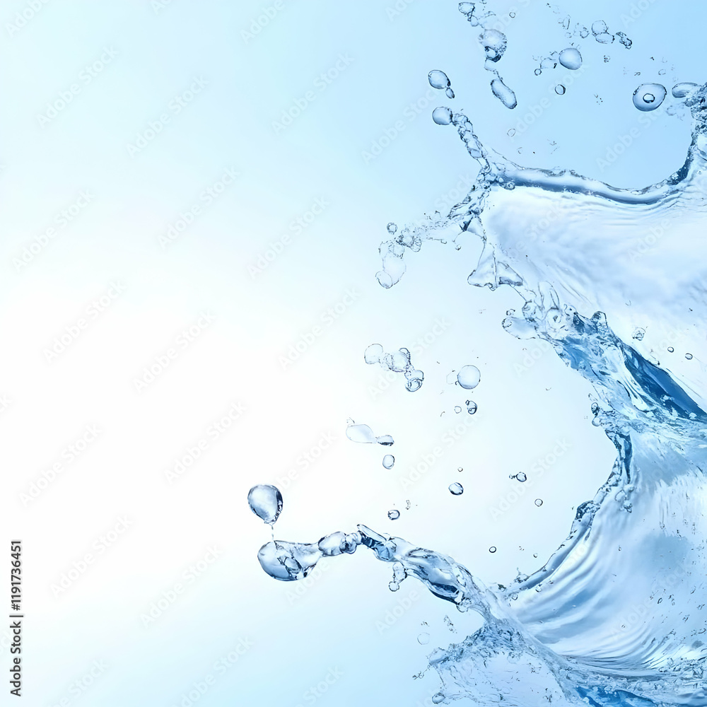 Poster clear water splashes dynamically against a serene blue backdrop with bubbles.