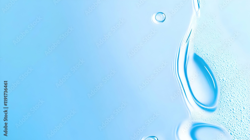 Poster abstract blue water background flows smoothly with bubbles and droplets gently cascading downward