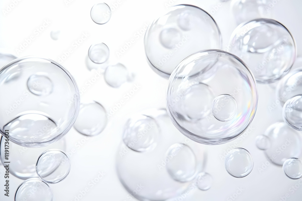 Poster floating soap bubbles create a dreamlike atmosphere on a soft white background.