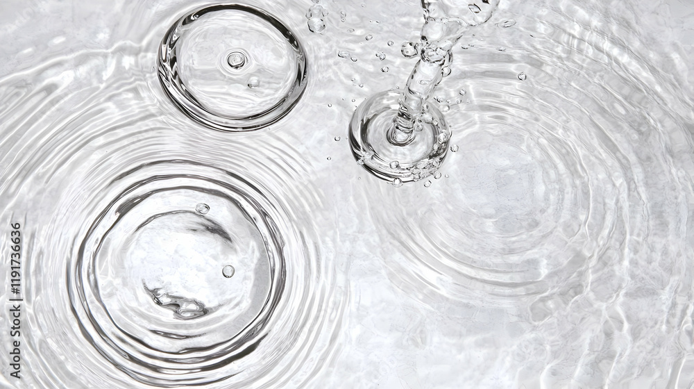 Poster water droplets create concentric ripples on a calm surface gently