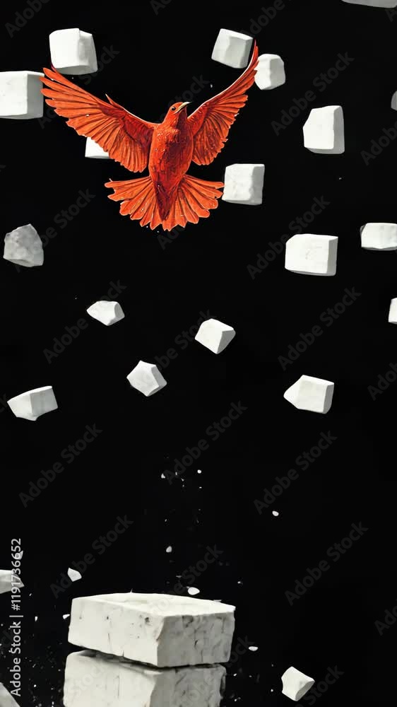 Poster vibrant red bird soaring through a surreal environment with floating blocks against a dark backgroun