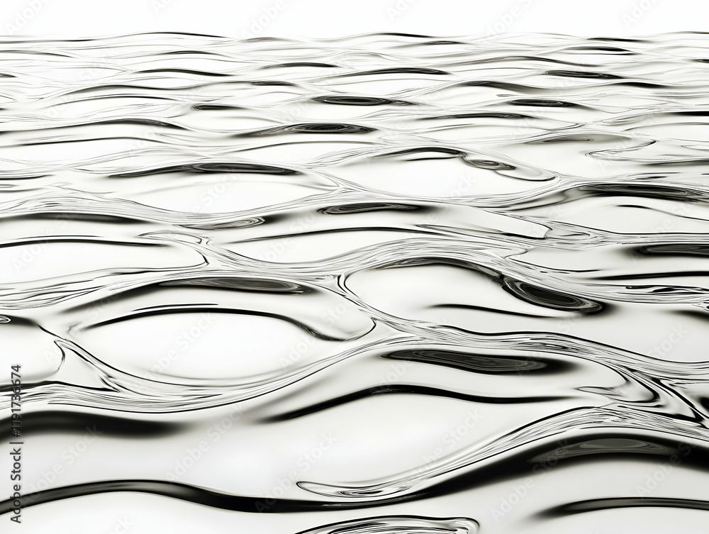 Poster abstract metallic liquid flows and creates wavy patterns smoothly on a white background.
