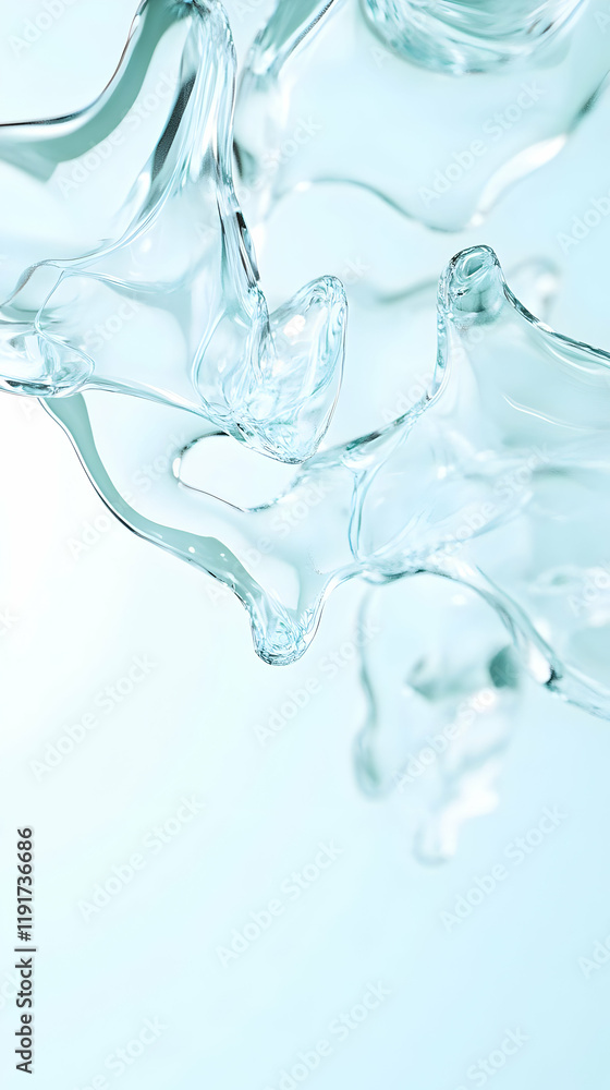 Poster abstract 3d render of clear liquid splashing and flowing gracefully against a soft blue background
