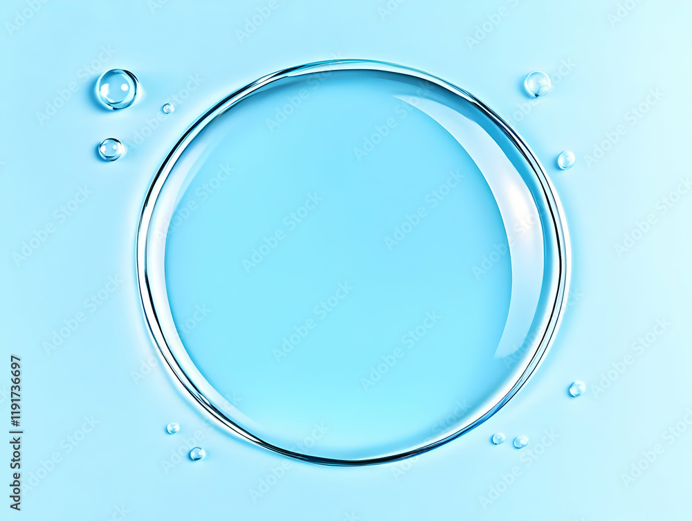 Poster transparent water droplet forms a circle with smaller droplets on a soft blue background
