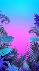 Tropical Leaves Frame a Vibrant Pink and Blue Gradient Background Beautifully and Elegantly