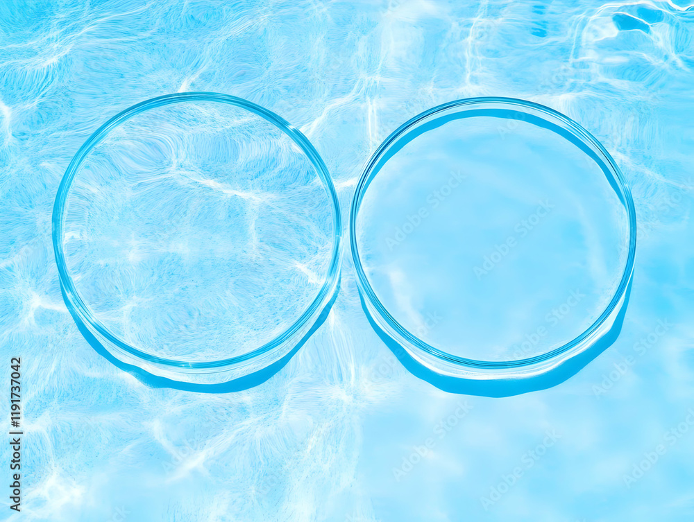 Poster two empty petri dishes float on a tranquil blue water surface creating a serene laboratory setting.
